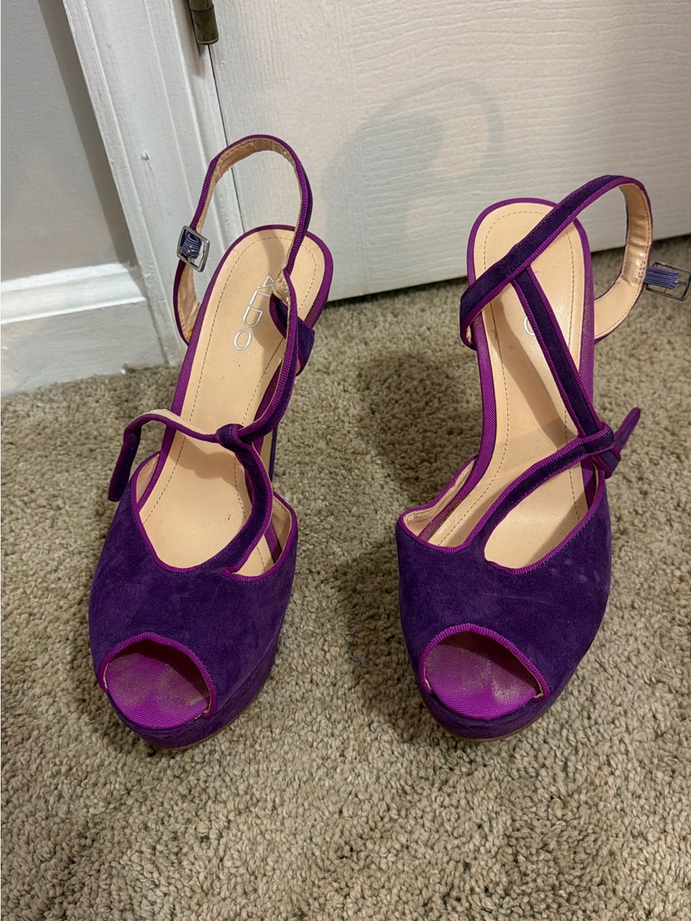 ALDO Purple Suede Peep-Toe Slingback Heels with Ankle Straps